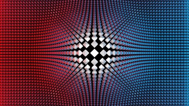 Bright white geometrical shape at the center of a blue and red pattern. Central point, abstract concept. Digital 3D render.