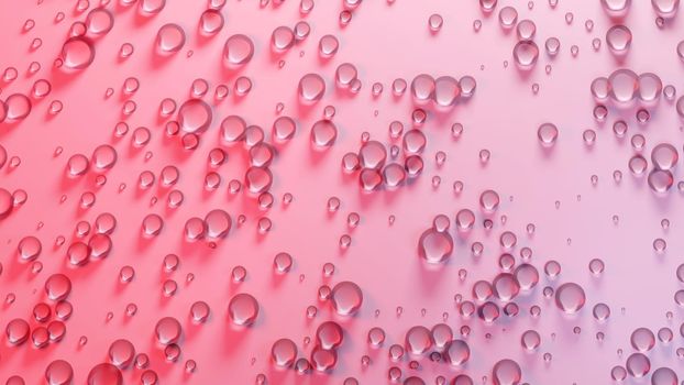 Shiny clear droplets on a pastel pink surface. Fresh, feminine concept background. Digital 3D render.