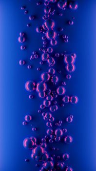 Shiny, glossy bubbles under blue and magenta neon lights. Futuristic, cyberpunk aesthetic concept background. Digital 3D render.