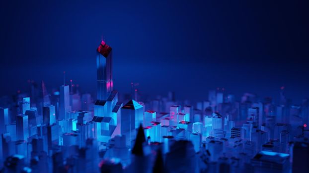Futuristic city skyline at night with neon cyberpunk aesthetic. Digital 3D render.