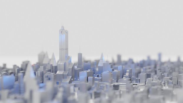 Clean futuristic city skyline with shiny, clean aesthetic. Digital 3D render.