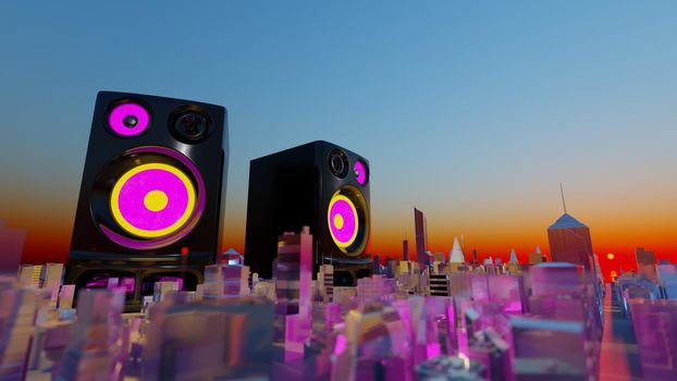 Party in the city at sunset, concept. Colossal loudspeakers over a vibrant, colorful city. Digital 3D render.