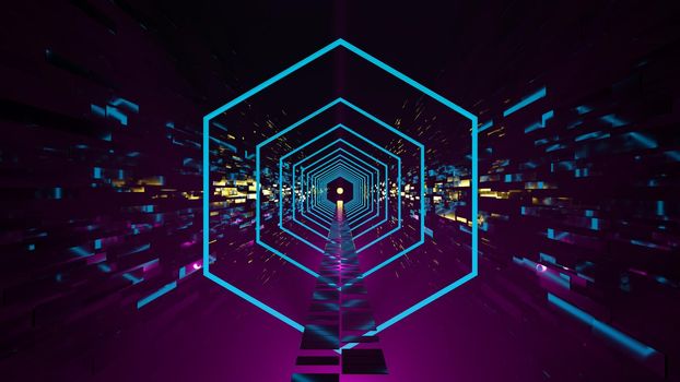 Futuristic tunnel, hexagons with neon lights. Synthwave aesthetic. Digital 3D render.