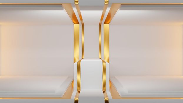 Luxury, exclusive showcase backdrop in white and gold. Digital 3D render.