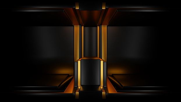 Luxury, exclusive showcase backdrop in black and gold. Digital 3D render.