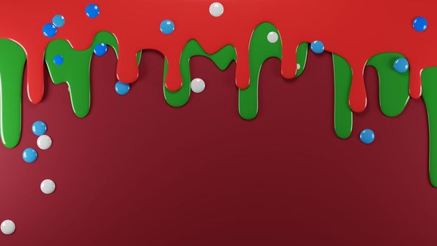 Dripping layers in red and green. Christmas concept background. Digital 3D render.
