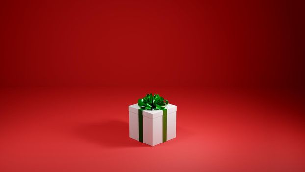 Valentine, christmas, birthday gift concept. White gift box with green ribbon on red background. Digital 3D render.