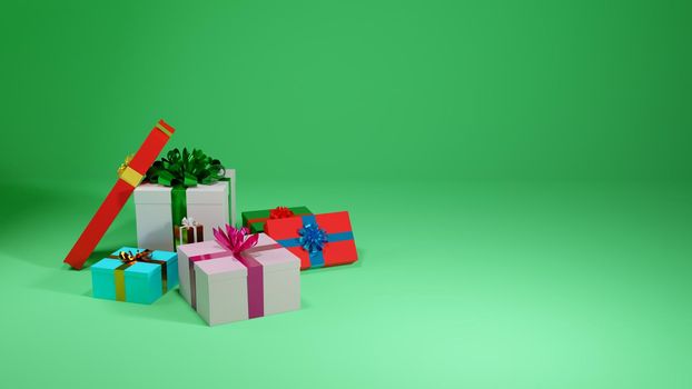 Christmas, birthday gift concept. Several gift boxes on green background. Digital 3D render.