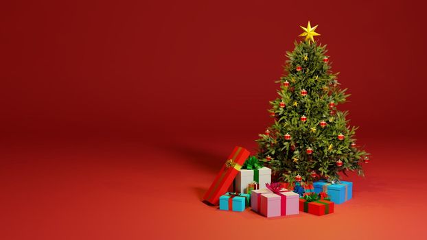 Christmas concept backdrop. Christmas tree with gift boxes on red background. Digital 3D render.