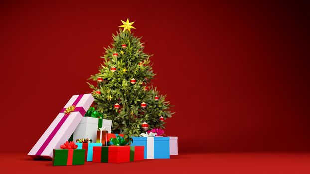 Christmas concept backdrop. Christmas tree with gift boxes on red background. Digital 3D render.