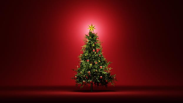 Christmas seasonal backdrop. Christmas tree on red background. Digital 3D render.