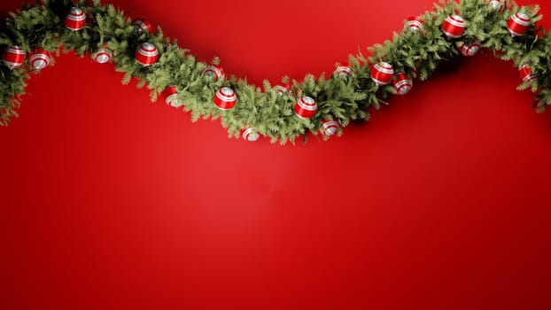 Christmas seasonal backdrop. Christmas garland with baubles on red background. Digital 3D render.