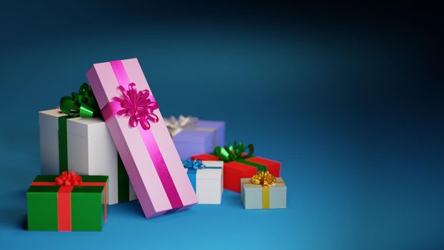 Christmas, birthday gift concept. Several gift boxes on blue background. Digital 3D render.