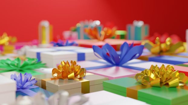 Gift boxes with colorful ribbons on red background. Digital 3D render.