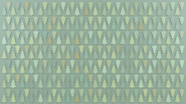 Pastel colored design of light green pines on green background. Flat lay design. Digital 3D render.