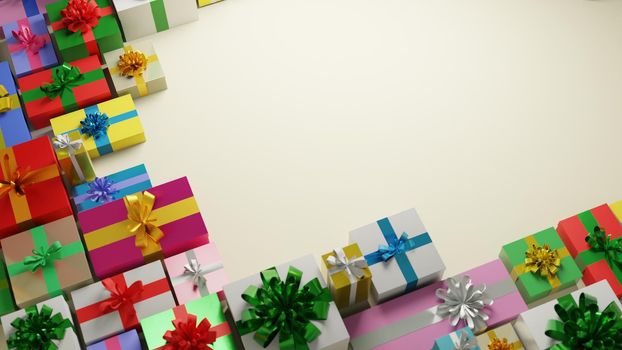 Gift boxes on white  background with negative space. Flat lay, top down design. Digital 3D render.
