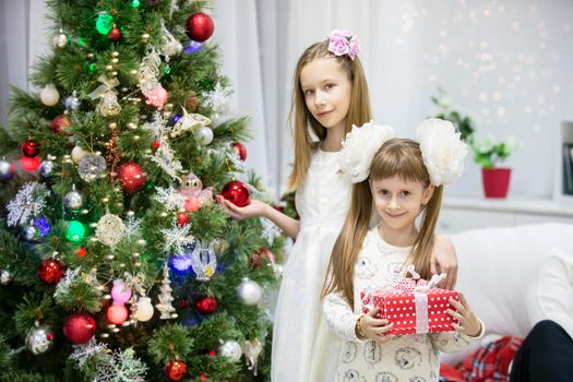 Two smart girls at the Christmas tree. Christmas holidays. New Year sisters at home.