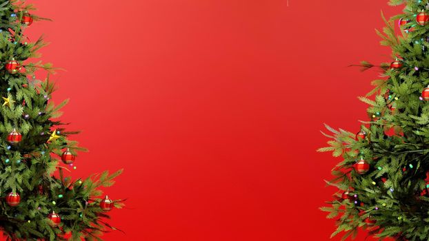Christmas season postcard template with red background and trees on the sides. Digital 3D render.