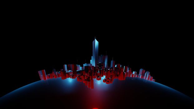 Futuristic city on a dark sphere world. Cyberpunk, synthwave aesthetic digital render.