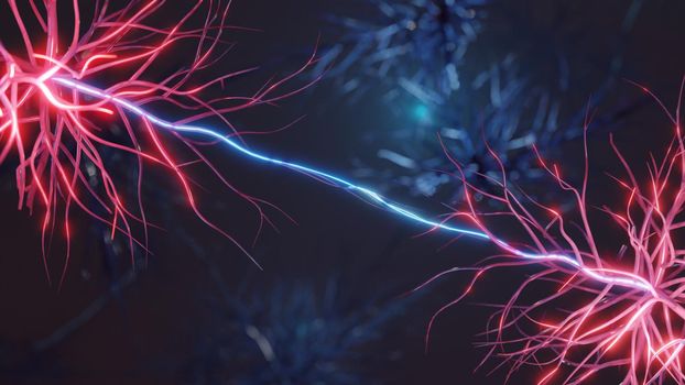 Two brain cells communicating. Neuroscience, medical concept digital render.