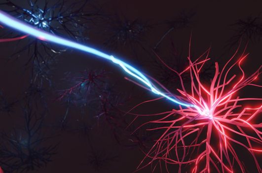 Neuroscience, medical concept digital render. Brain cell sending electrical signals.