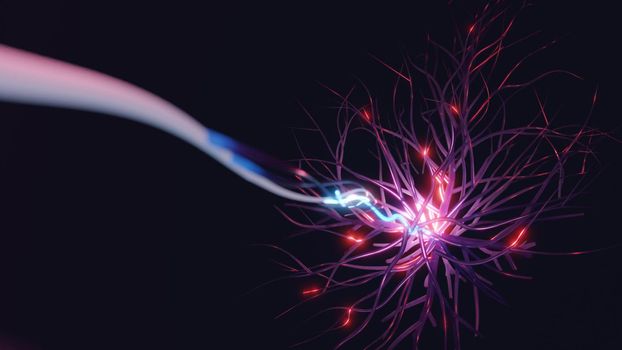 Neuroscience, medical concept digital render. Brain cell sending electrical signals.