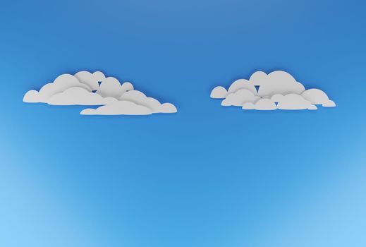 Puffy clouds on blue sky, in flat papercut design. Digital render.