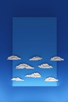 Puffy clouds on blue sky, template in flat papercut design. Digital render.