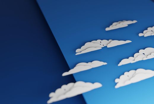 Puffy clouds on blue sky, in flat papercut design. Digital render.