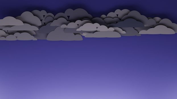Heavy storm clouds on dark purple sky. Flat, papercut design digital render.