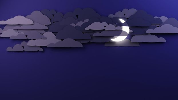 Moon shining through heavy clouds on dark purple sky. Flat, papercut design digital render.