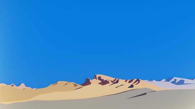 Desert mountains with blue sky. Simplified papercut design, digital render.
