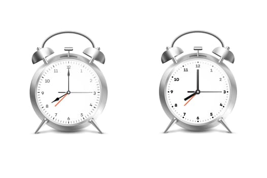 Realistic Alarm Clock. Isolated On White Backgound Vector Illustration.