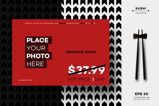 Modern Geometric Black White MockUp. Vector Layout Template For Sushi Menu, Leaflet, Brochure, Newsletter, Poster, Web Site, Gift Card Or Presentation Design.