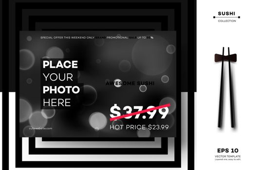 Modern Geometric Black White MockUp. Vector Layout Template For Sushi Menu, Leaflet, Brochure, Newsletter, Poster, Web Site, Gift Card Or Presentation Design.