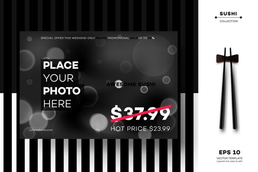 Modern Geometric Black White MockUp. Vector Layout Template For Sushi Menu, Leaflet, Brochure, Newsletter, Poster, Web Site, Gift Card Or Presentation Design.