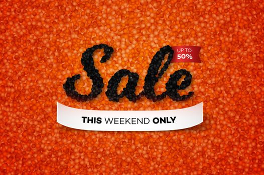 Sale Banner With Realistic Black Caviar Over Red. Vector Text Design Template For Advertising Products. Promotional Concept.