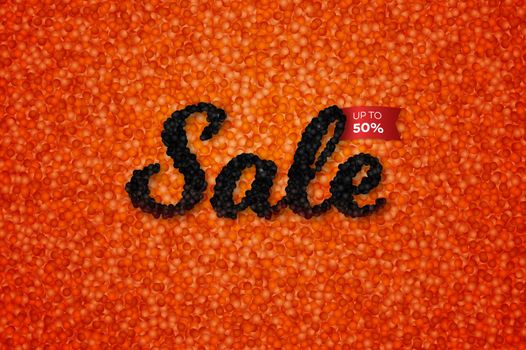 Sale Banner With Realistic Black Caviar Over Red. Vector Text Design Template For Adertising Products. Promotional Concept.