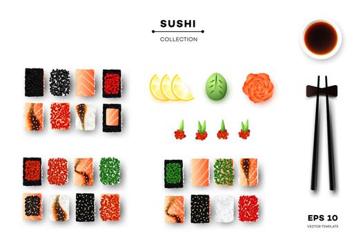 Collection Of Different Sushi Rolls, Chopsticks, Wasabi, Ginger And Sauce. Promotional Template. Top View Vector Food Design.