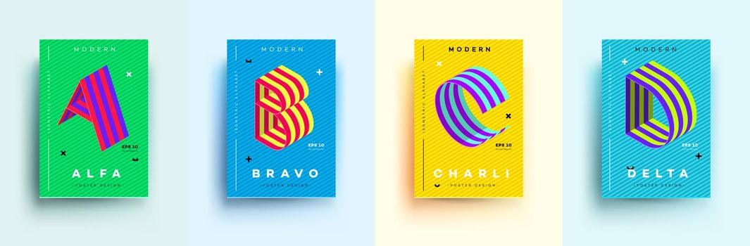 Modern Typographic Colorful Covers. Isometric Letters A, B, C, D With Abstract Memphis Design Background. Vector Trendy Template For Your Posters, Banners, Presentations, Layouts.