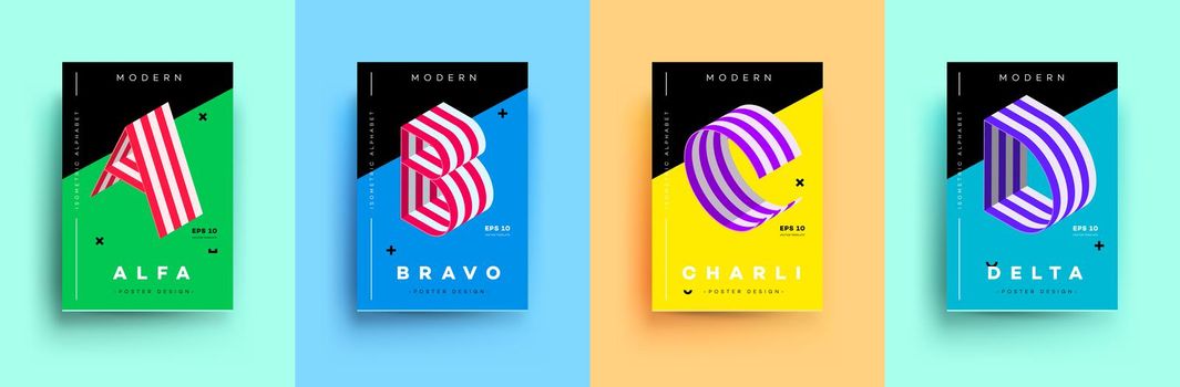 Modern Typographic Colorful Covers. Isometric Letters A, B, C, D With Abstract Memphis Design Background. Vector Trendy Template For Your Posters, Banners, Presentations, Layouts.