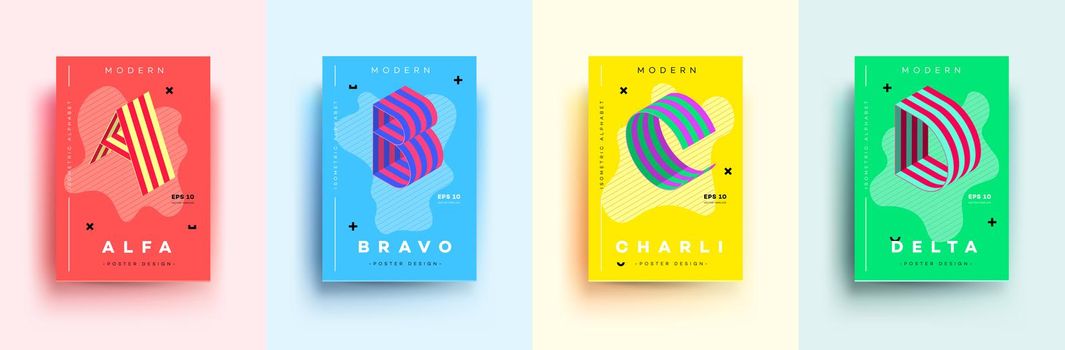 Modern Typographic Colorful Covers. Isometric Letters A, B, C, D With Abstract Memphis Design Background. Vector Trendy Template For Your Posters, Banners, Presentations, Layouts.