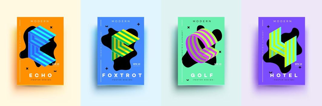 Modern Typographic Colorful Covers. Isometric Letters E, F, G, H With Abstract Memphis Design Background. Vector Trendy Template For Your Posters, Banners, Presentations, Layouts.