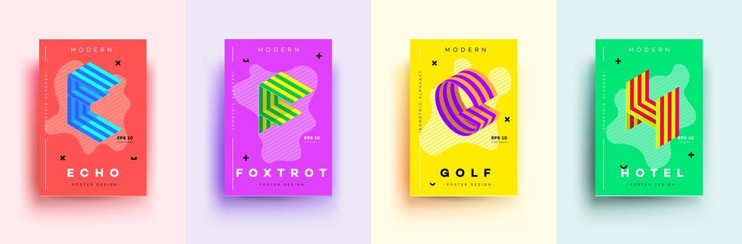 Modern Typographic Colorful Covers. Isometric Letters E, F, G, H With Abstract Memphis Design Background. Vector Trendy Template For Your Posters, Banners, Presentations, Layouts.