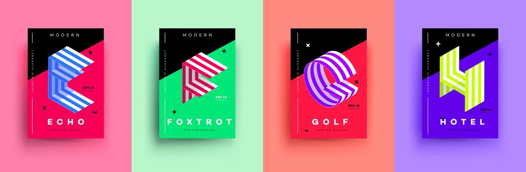 Modern Typographic Colorful Covers. Isometric Letters E, F, G, H With Abstract Memphis Design Background. Vector Trendy Template For Your Posters, Banners, Presentations, Layouts.