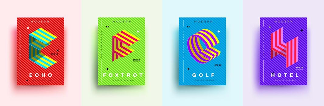 Modern Typographic Colorful Covers. Isometric Letters E, F, G, H With Abstract Memphis Design Background. Vector Trendy Template For Your Posters, Banners, Presentations, Layouts.