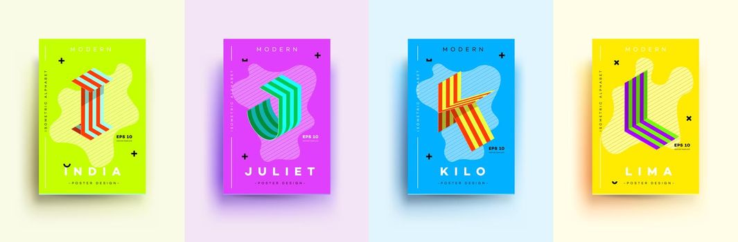 Modern Typographic Colorful Covers. Isometric Letters I, J, K, L With Abstract Memphis Design Background. Vector Trendy Template For Your Posters, Banners, Presentations, Layouts.