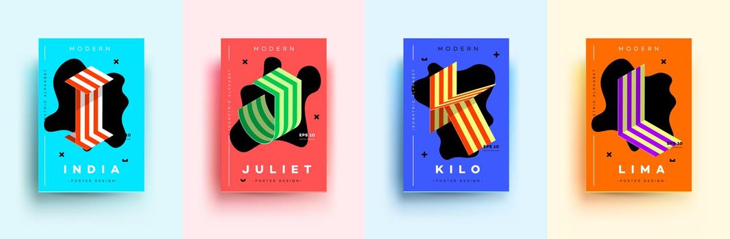 Modern Typographic Colorful Covers. Isometric Letters I, J, K, L With Abstract Memphis Design Background. Vector Trendy Template For Your Posters, Banners, Presentations, Layouts.