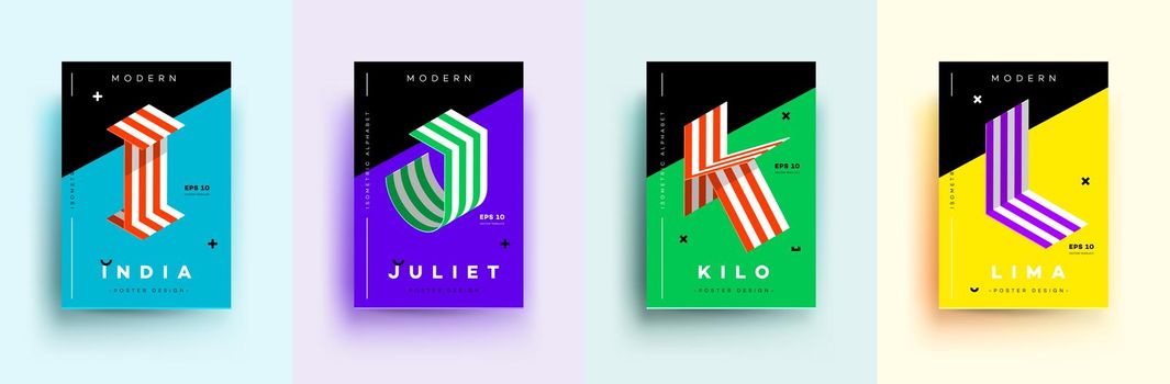 Modern Typographic Colorful Covers. Isometric Letters I, J, K, L With Abstract Memphis Design Background. Vector Trendy Template For Your Posters, Banners, Presentations, Layouts.