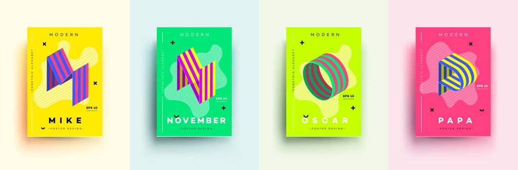 Modern Typographic Colorful Covers. Isometric Letters M, N, O, P With Abstract Memphis Design Background. Vector Trendy Template For Your Posters, Banners, Presentations, Layouts.